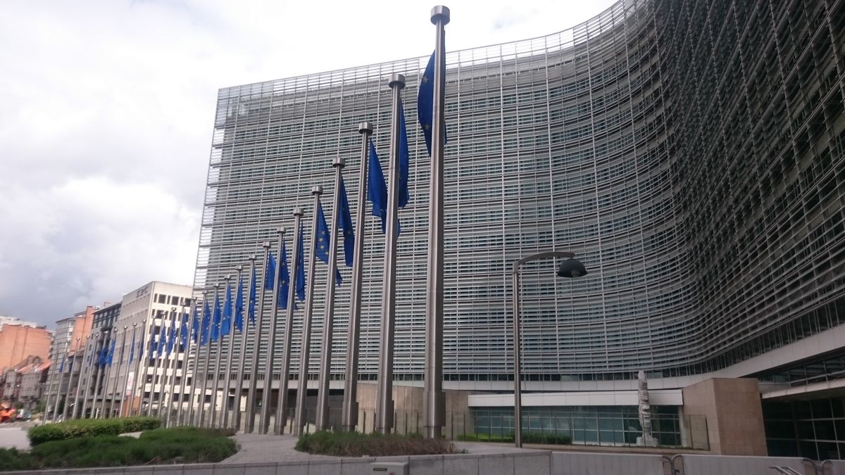 Entrance of the European Commission’s Berlaymont building in Brussels at night